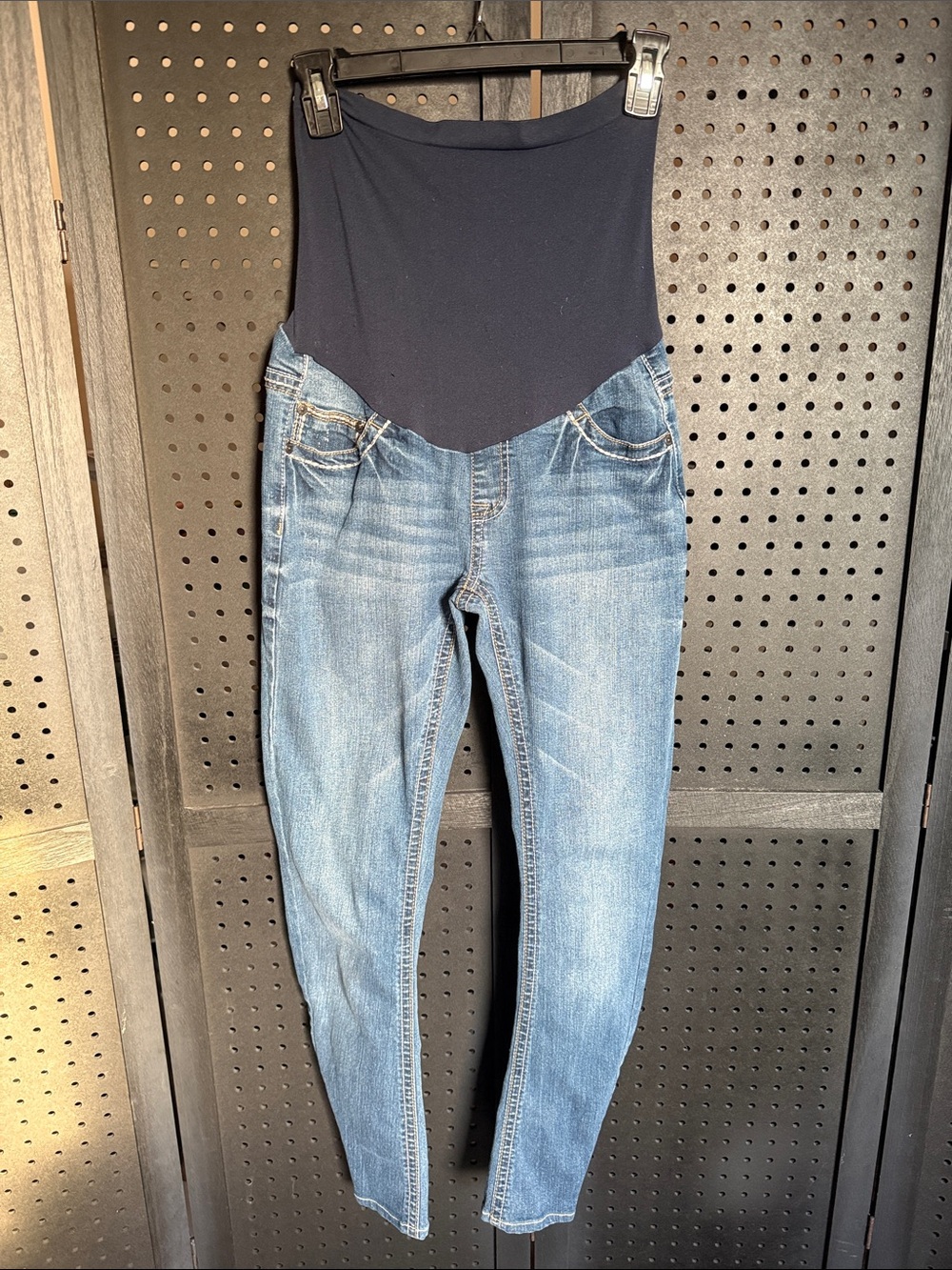 Maternity High-Waist Blue Denim Jeans with Navy Blue Panel